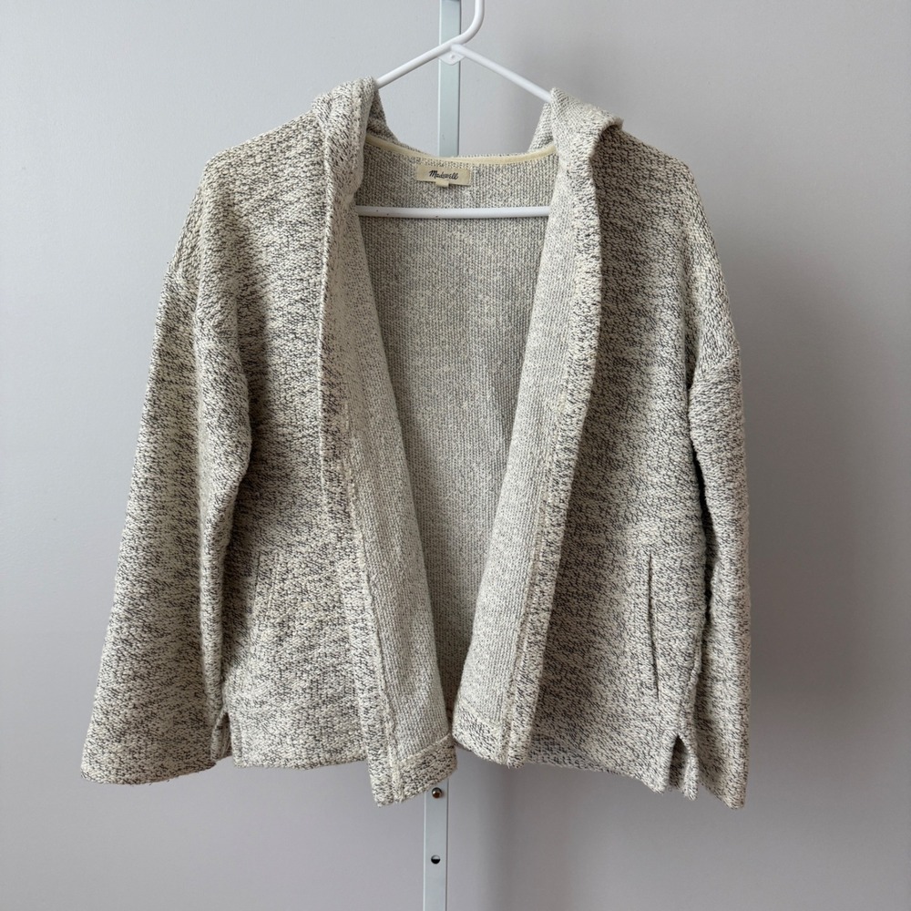 Madewell sz XS Gray White Marled‎ Knit Hooded Open Front Cardigan Preppy